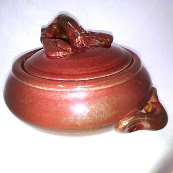 Bowl Serving Bowl Lobster Lid Glazed Pottery Burgundy Vintage Kitchen Decor - Picture 9 of 10
